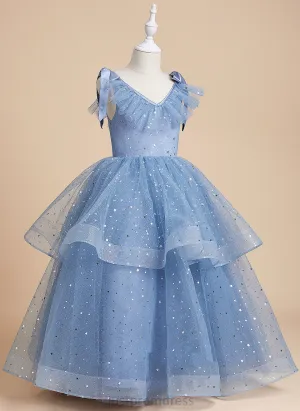 - Flower Dress Floor-length Lilia Girl Sleeveless Flower Girl Dresses With Bow(s) Ball-Gown/Princess Satin/Tulle/Sequined V-neck