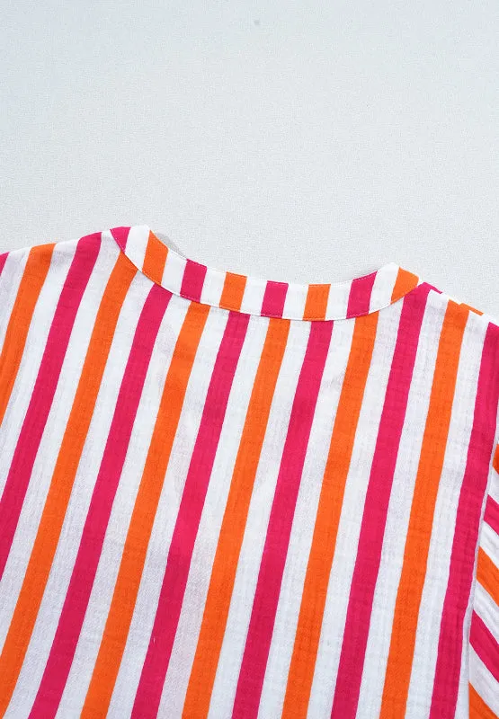 aaTEEK - Red Striped Notched Flounce Sleeve Blouse