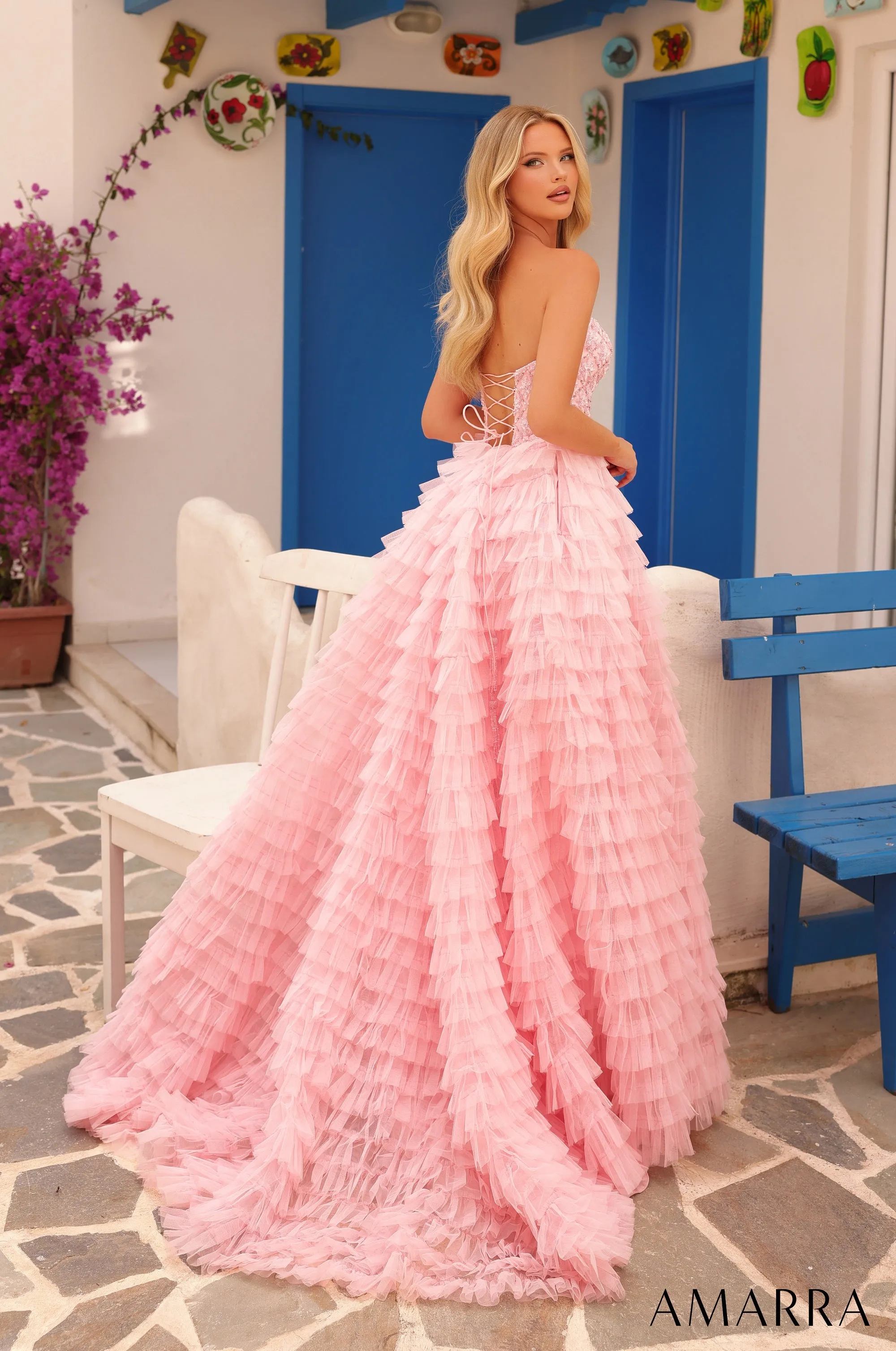 Amarra 88230 Ruffle Tulle Ball Gown Beaded Top Prom Dress Cutouts Layers Corset