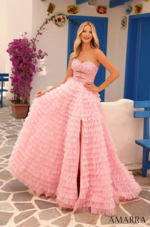 Amarra 88230 Ruffle Tulle Ball Gown Beaded Top Prom Dress Cutouts Layers Corset