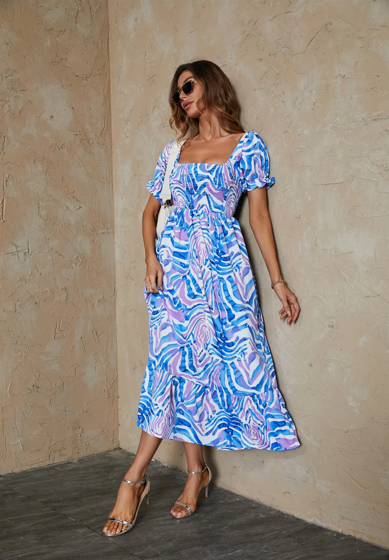 Animal Print Off  Shoulder Maxi Dress In Blue