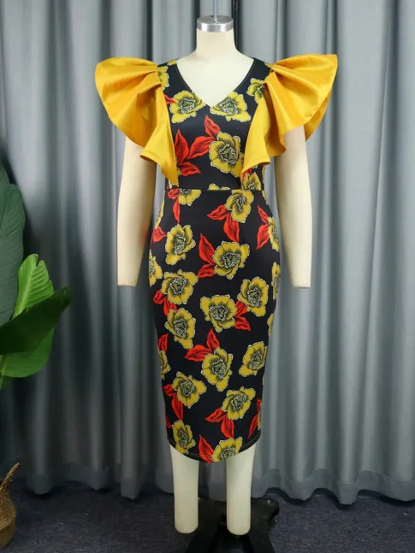 AOMEI Vintage Printed Midi Dresses V Neck