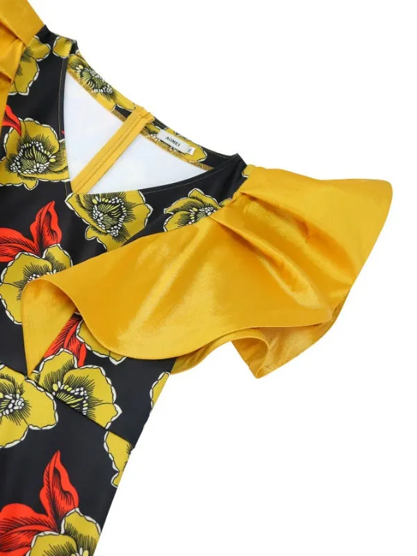 AOMEI Vintage Printed Midi Dresses V Neck