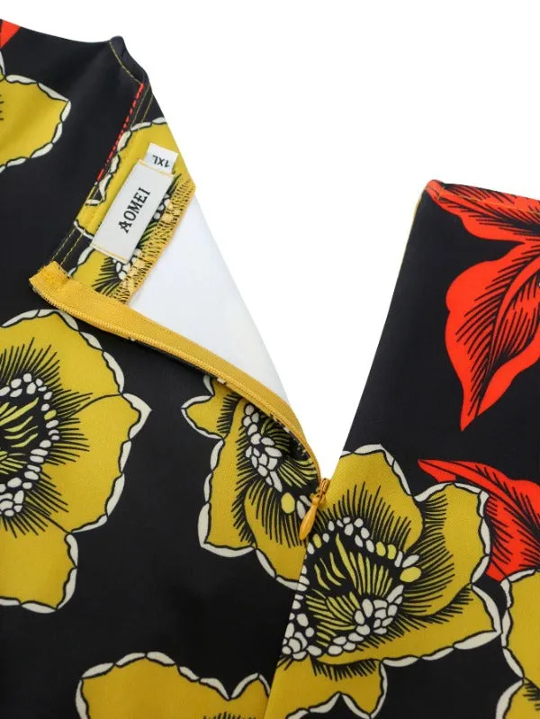 AOMEI Vintage Printed Midi Dresses V Neck