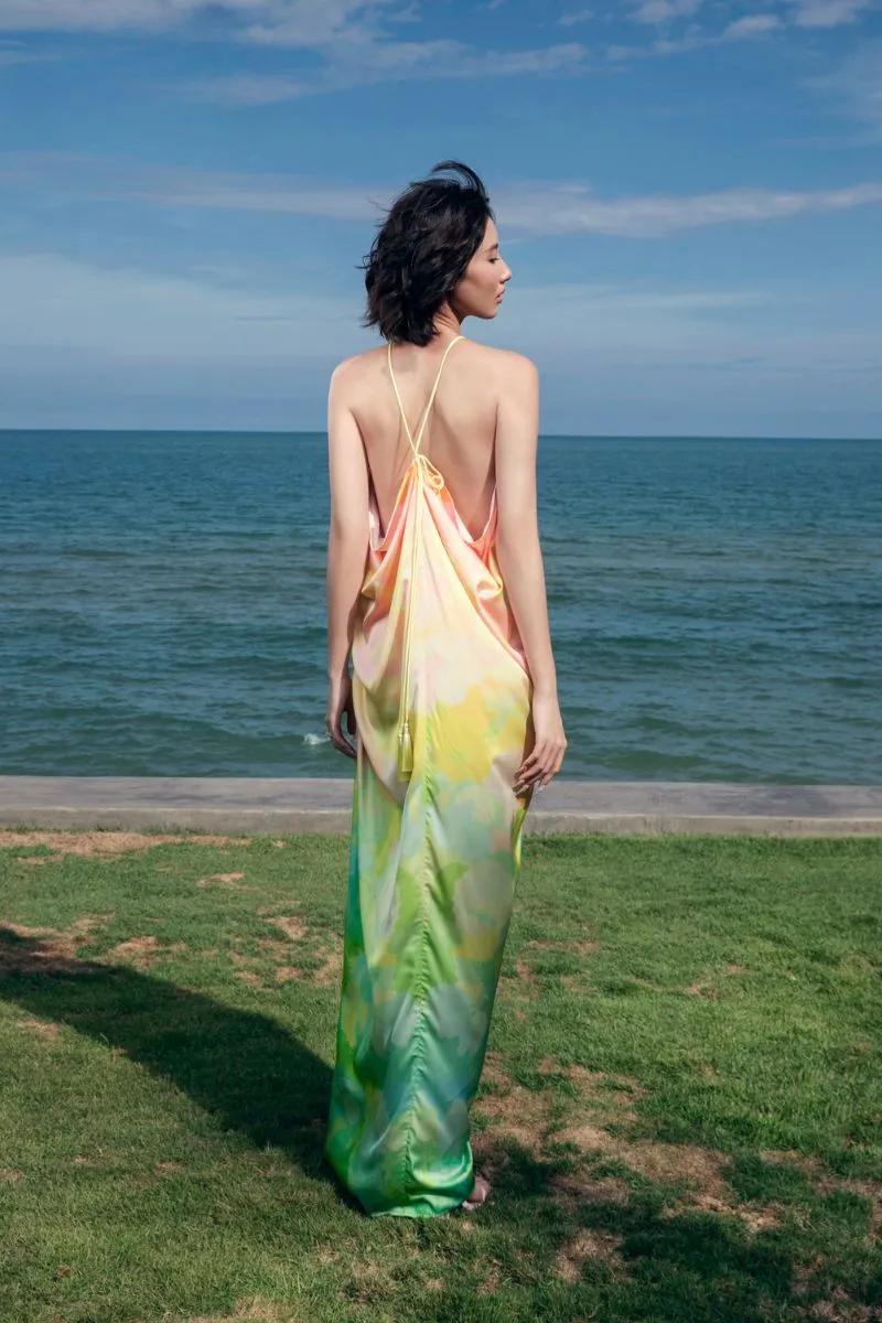 ARMANDE HALTER GATHERED SILK SATIN FLOOR LENGTH DRESS