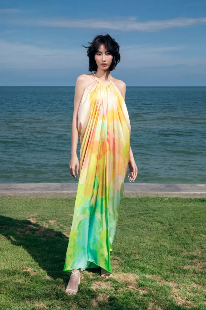 ARMANDE HALTER GATHERED SILK SATIN FLOOR LENGTH DRESS