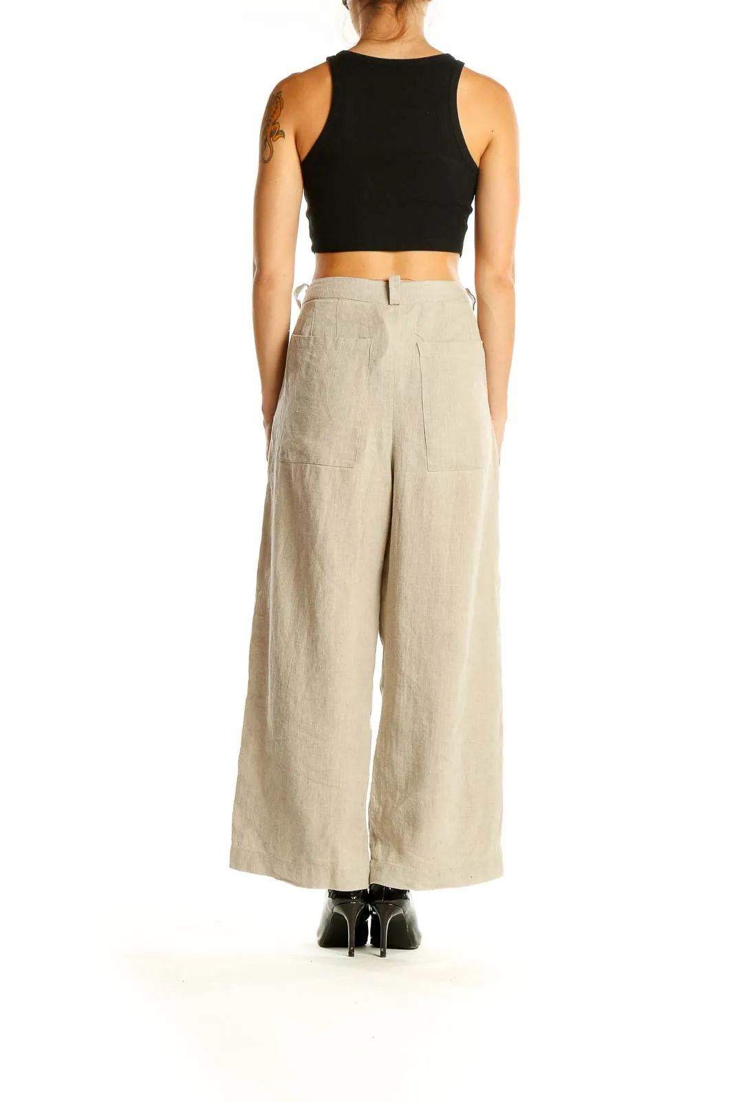 Beige Linen Wide-Leg Pants