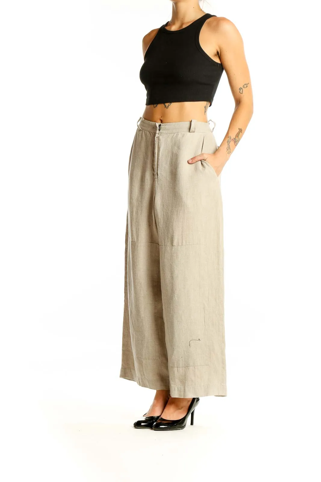 Beige Linen Wide-Leg Pants