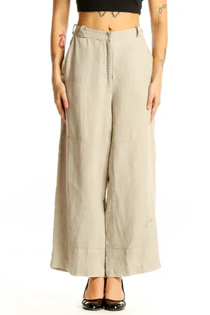 Beige Linen Wide-Leg Pants