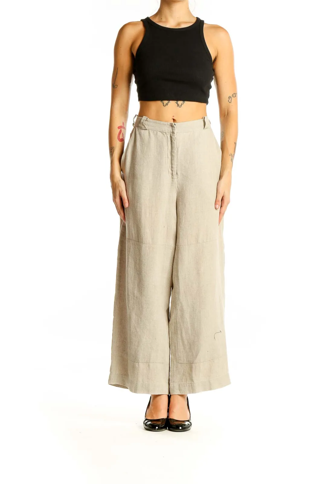 Beige Linen Wide-Leg Pants