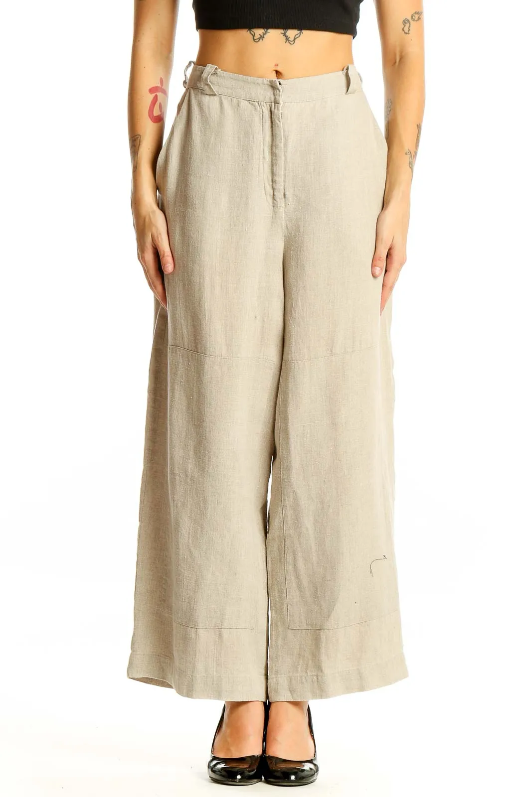 Beige Linen Wide-Leg Pants