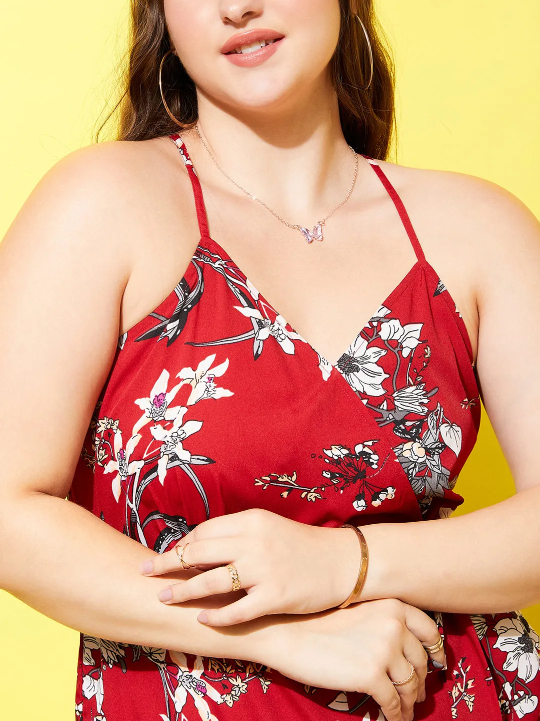 Berrylush Women Plus Size Maroon & White Floral Printed V-Neck Criss-Cross Back Tie-Up Waist Wrap Mini Playsuit