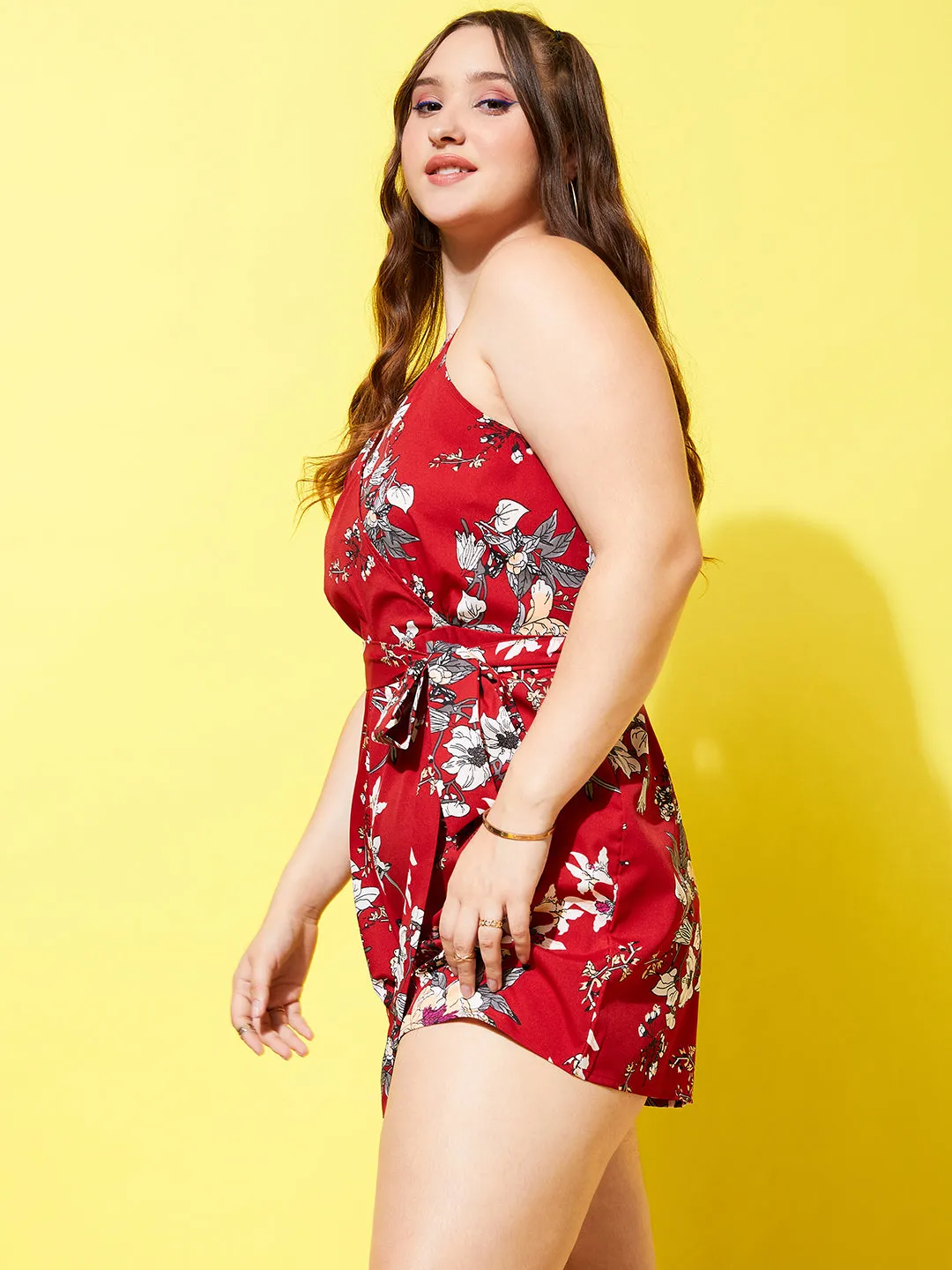 Berrylush Women Plus Size Maroon & White Floral Printed V-Neck Criss-Cross Back Tie-Up Waist Wrap Mini Playsuit