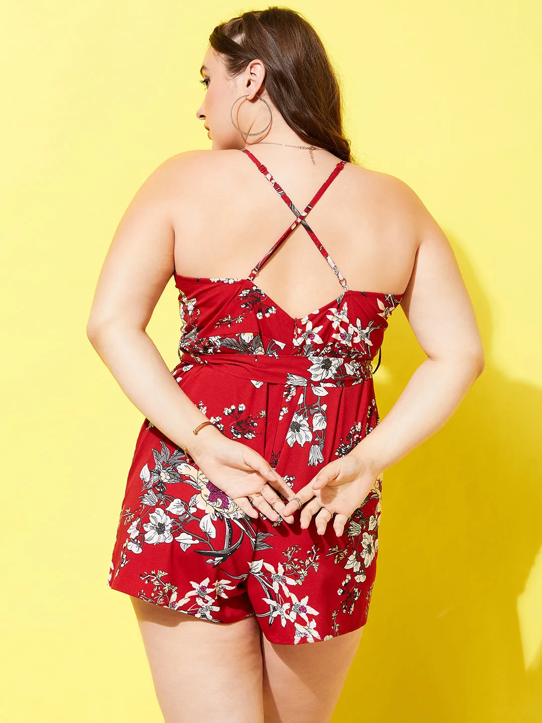 Berrylush Women Plus Size Maroon & White Floral Printed V-Neck Criss-Cross Back Tie-Up Waist Wrap Mini Playsuit