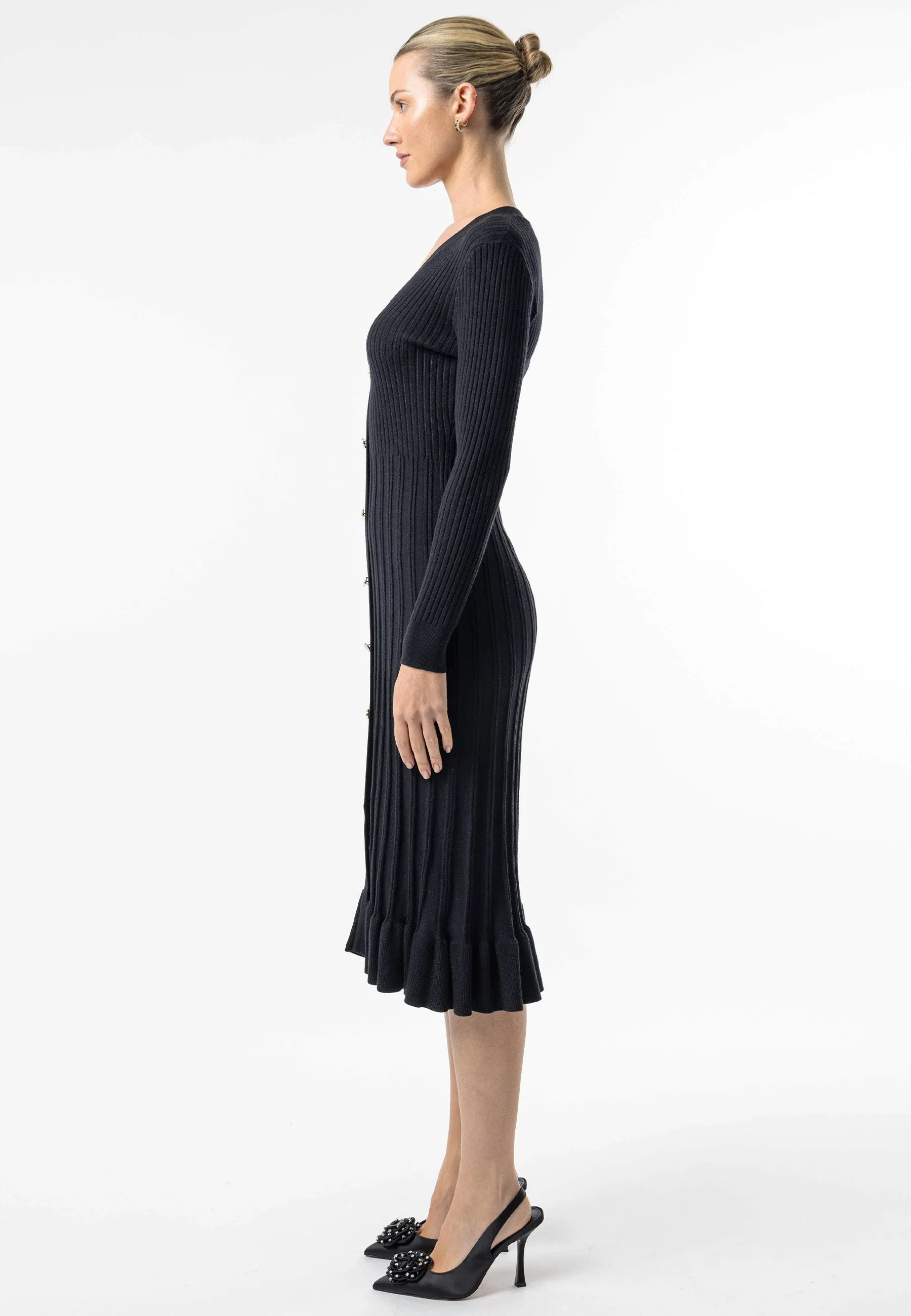 Black Knit Button Midi Dress with Ruffle Hem