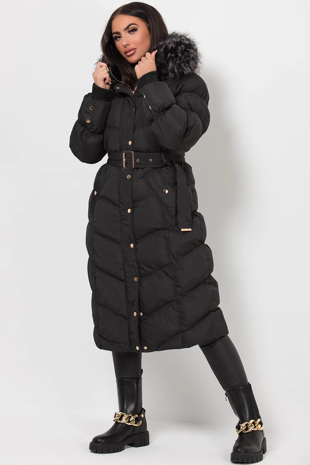 Black Long Puffer Coat With Fur Hood And Belt