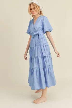 Blue Bell Puff Sleeve Tiered Midi Wrap Dress