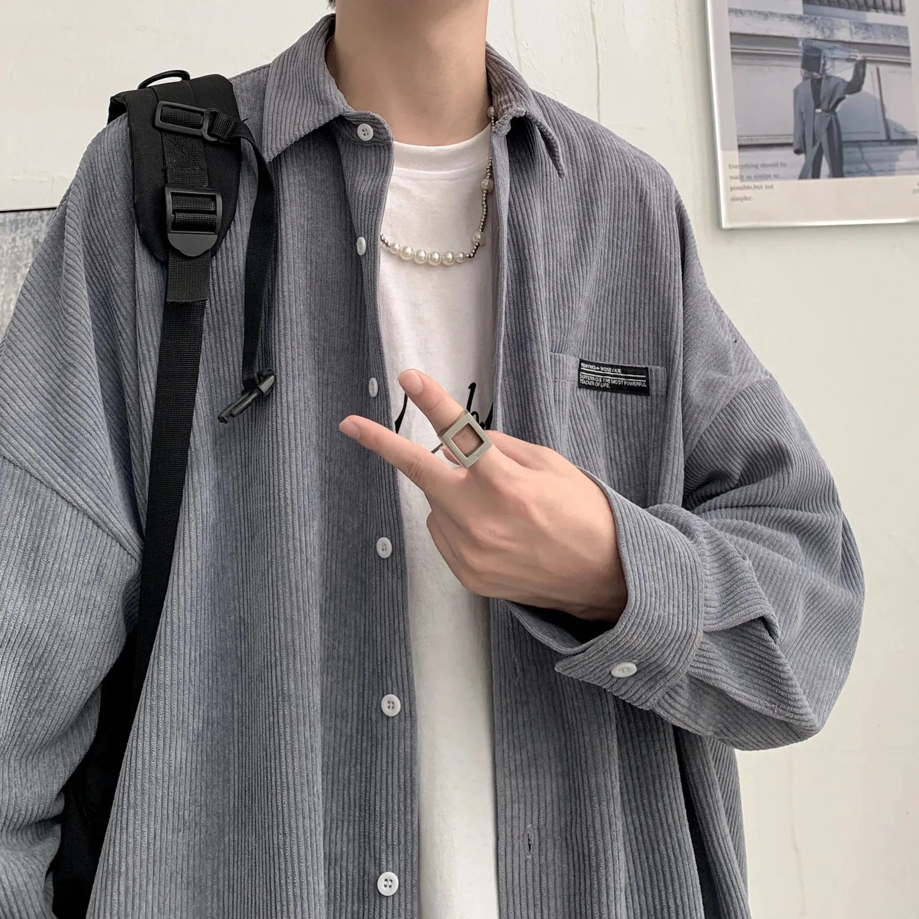 BONSIR  -  Mens Corduroy Shirts Streetwear Harajuku Japanese Style Oversize Unisex Blouses