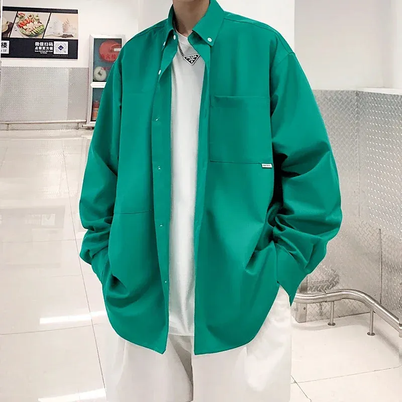 BONSIR  -  Streetwear Loose Mens Shirt Long Sleeve Black Casual Blouses Fashion Pockets Cardigan Outwear