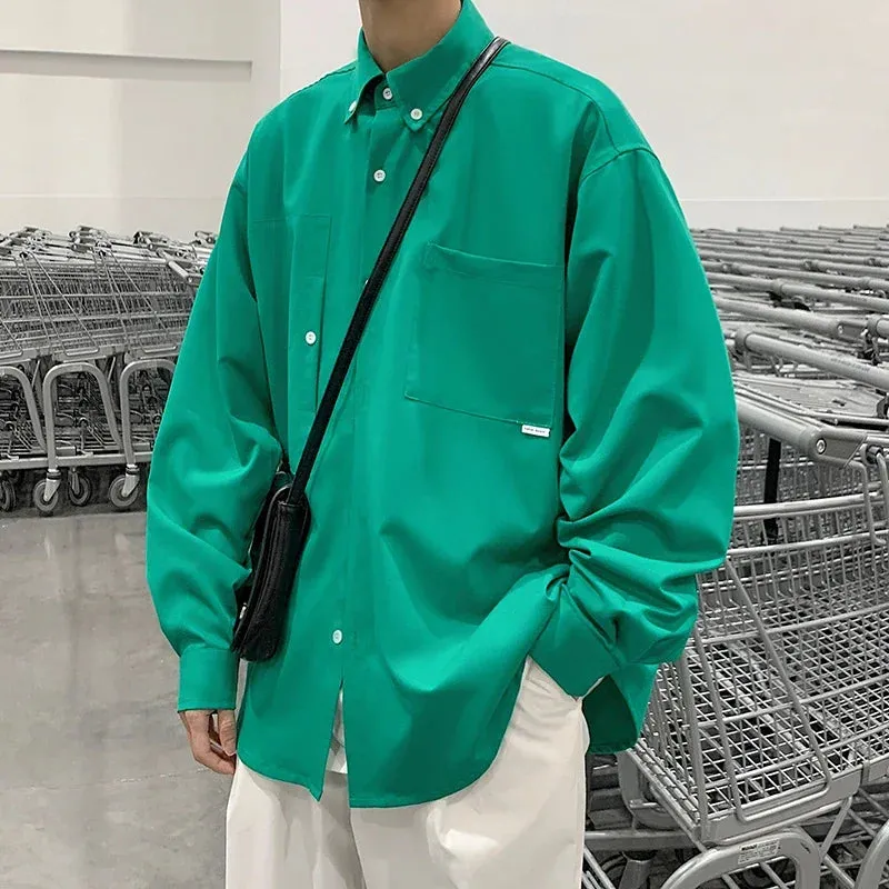 BONSIR  -  Streetwear Loose Mens Shirt Long Sleeve Black Casual Blouses Fashion Pockets Cardigan Outwear