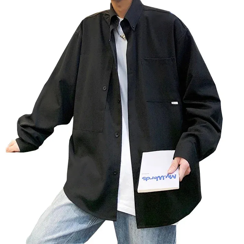 BONSIR  -  Streetwear Loose Mens Shirt Long Sleeve Black Casual Blouses Fashion Pockets Cardigan Outwear