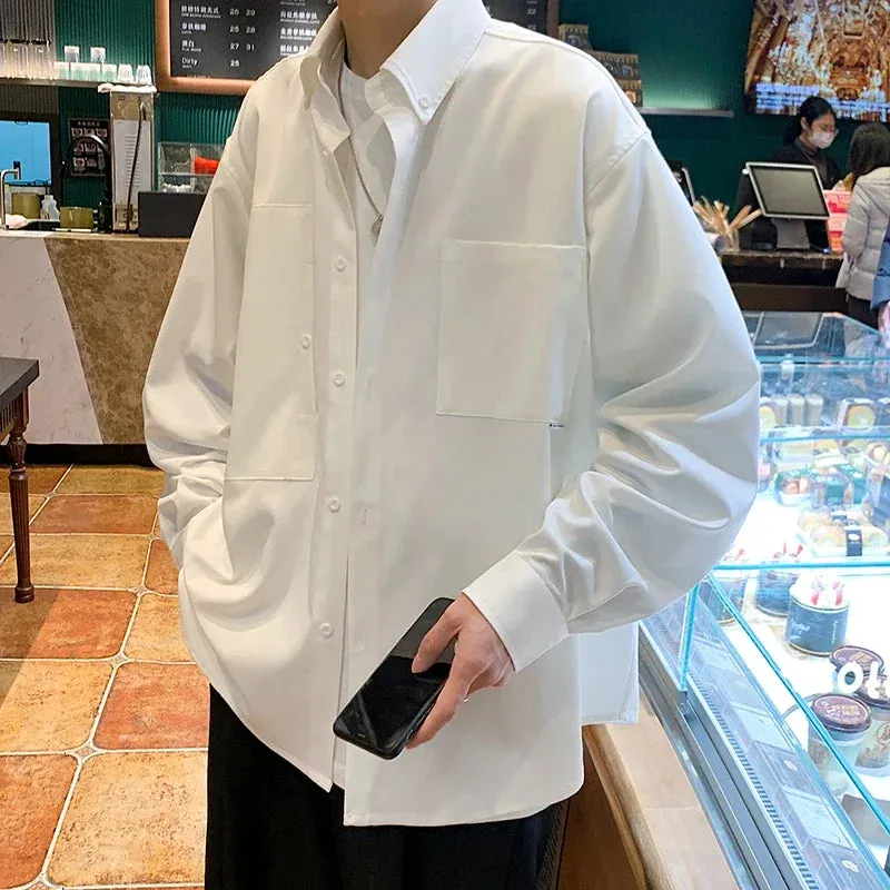 BONSIR  -  Streetwear Loose Mens Shirt Long Sleeve Black Casual Blouses Fashion Pockets Cardigan Outwear