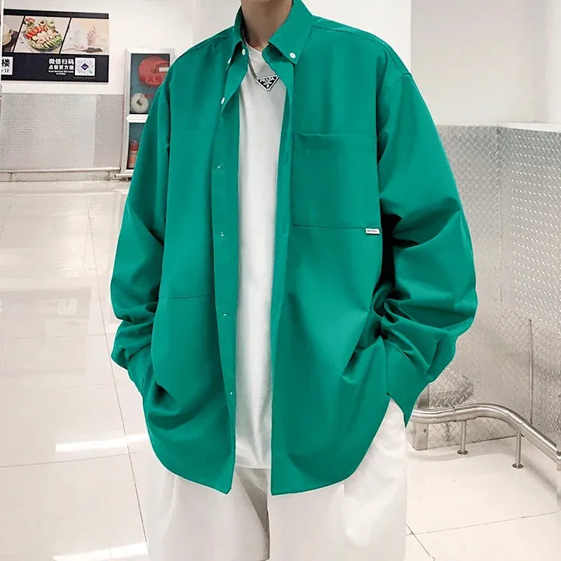 BONSIR  -  Streetwear Loose Mens Shirt Long Sleeve Black Casual Blouses Fashion Pockets Cardigan Outwear