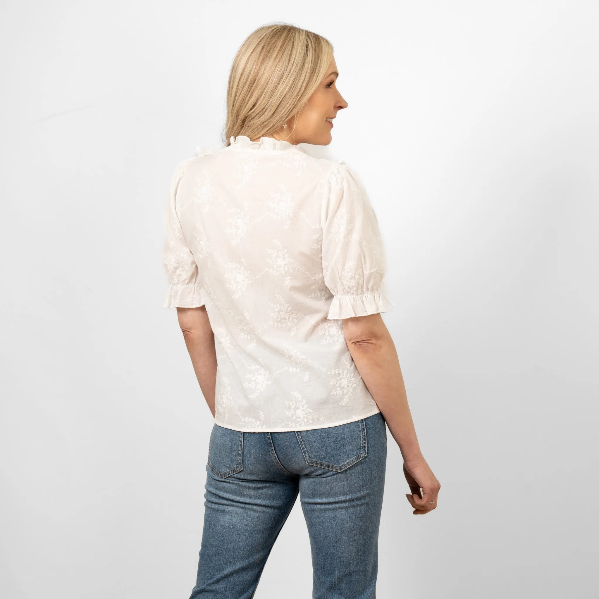 Bronte Cotton Ruffle Shirt - White, Floral Embroidery