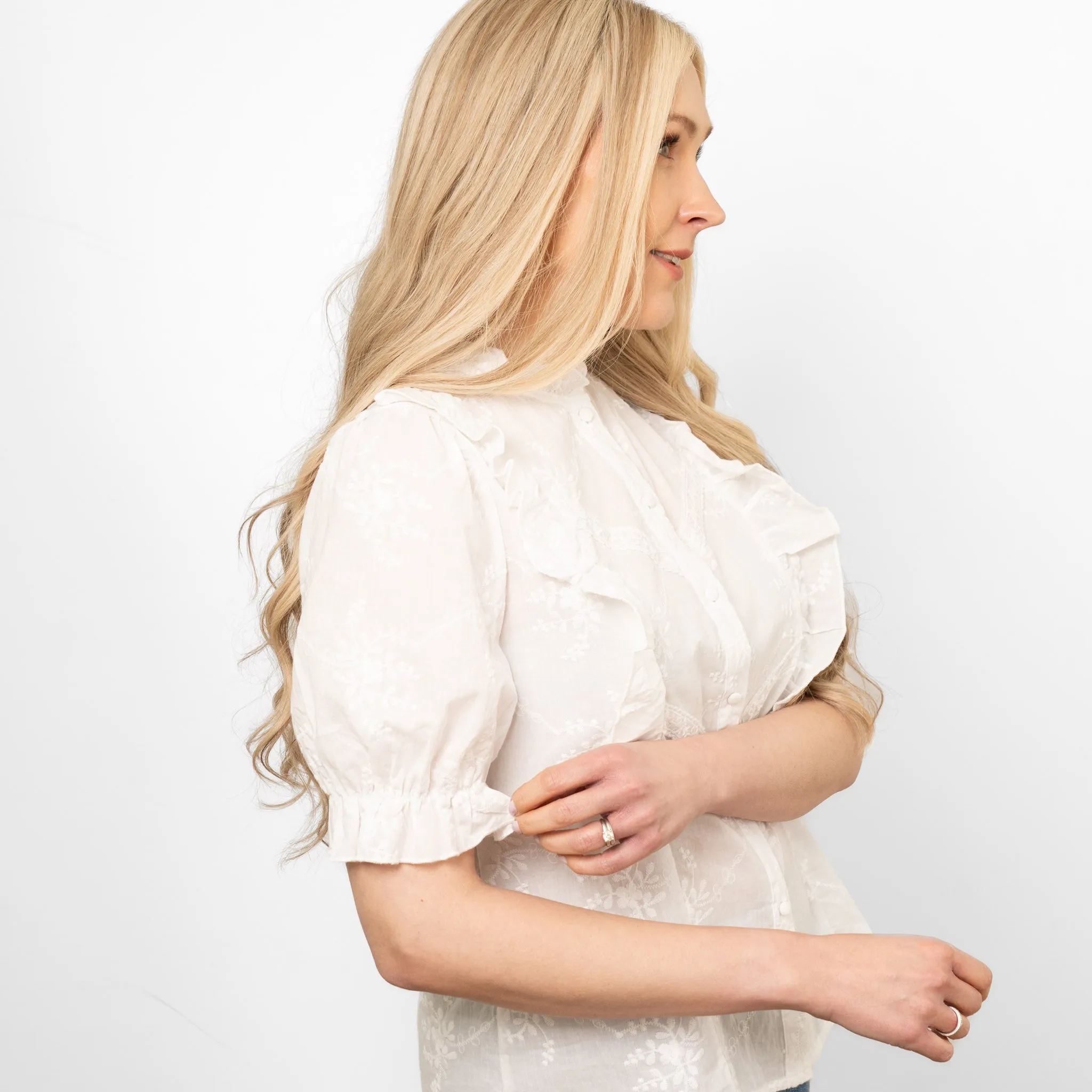 Bronte Cotton Ruffle Shirt - White, Floral Embroidery