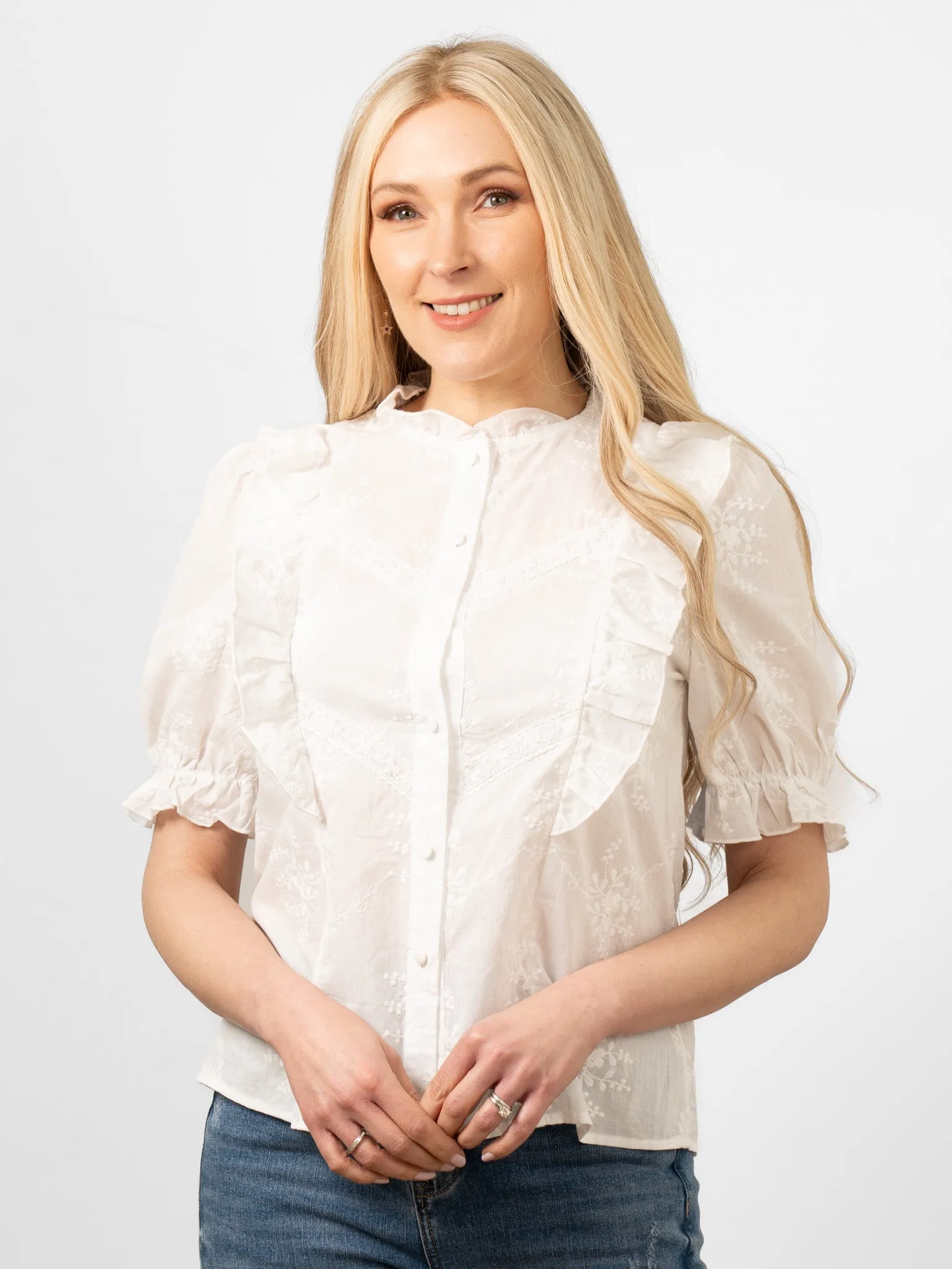 Bronte Cotton Ruffle Shirt - White, Floral Embroidery