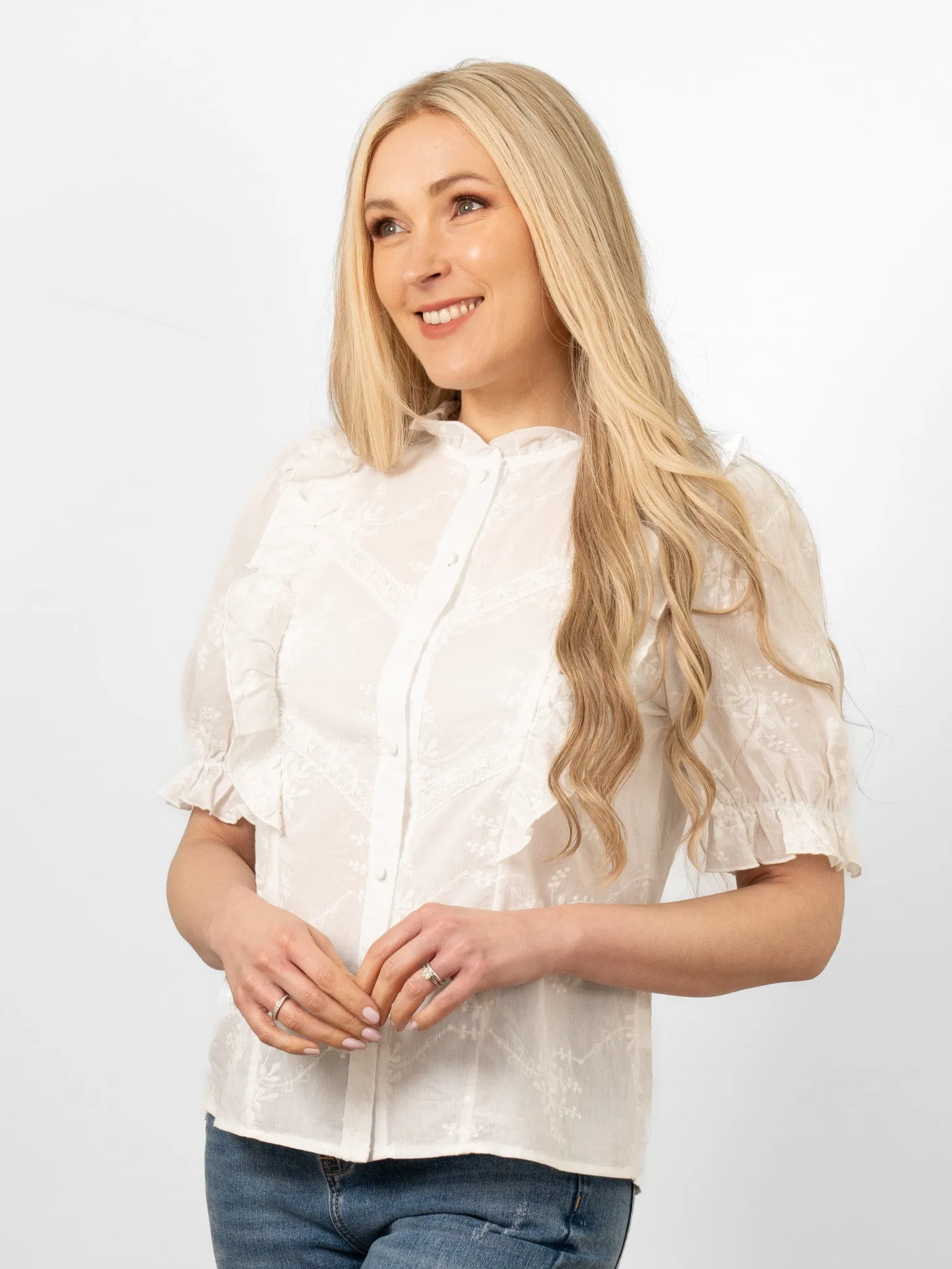 Bronte Cotton Ruffle Shirt - White, Floral Embroidery