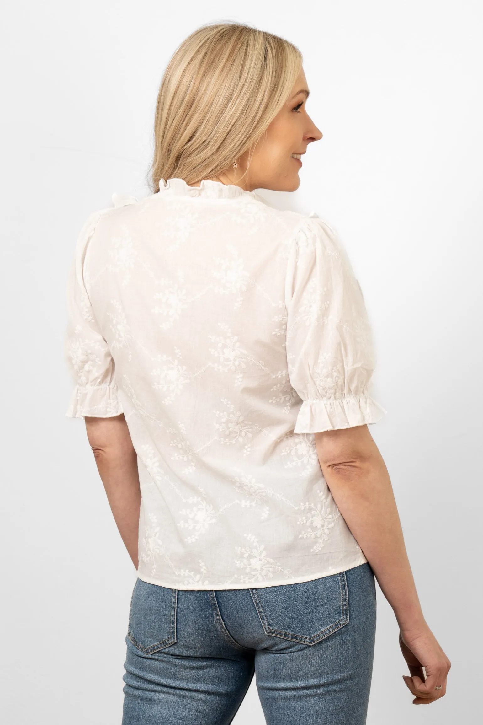Bronte Cotton Ruffle Shirt - White, Floral Embroidery