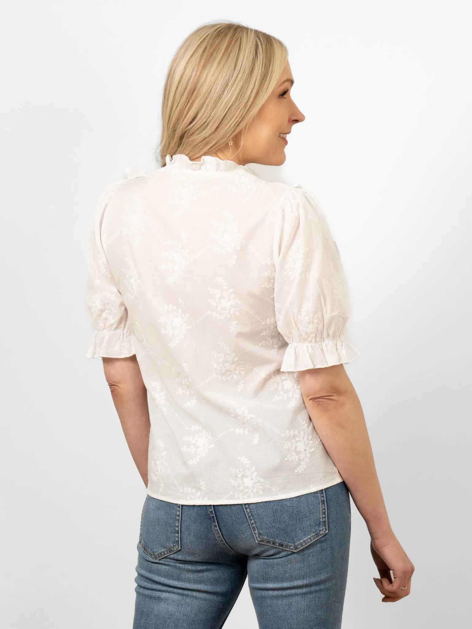 Bronte Cotton Ruffle Shirt - White, Floral Embroidery