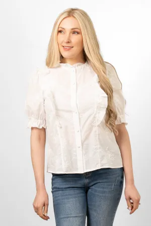 Bronte Cotton Ruffle Shirt - White, Floral Embroidery