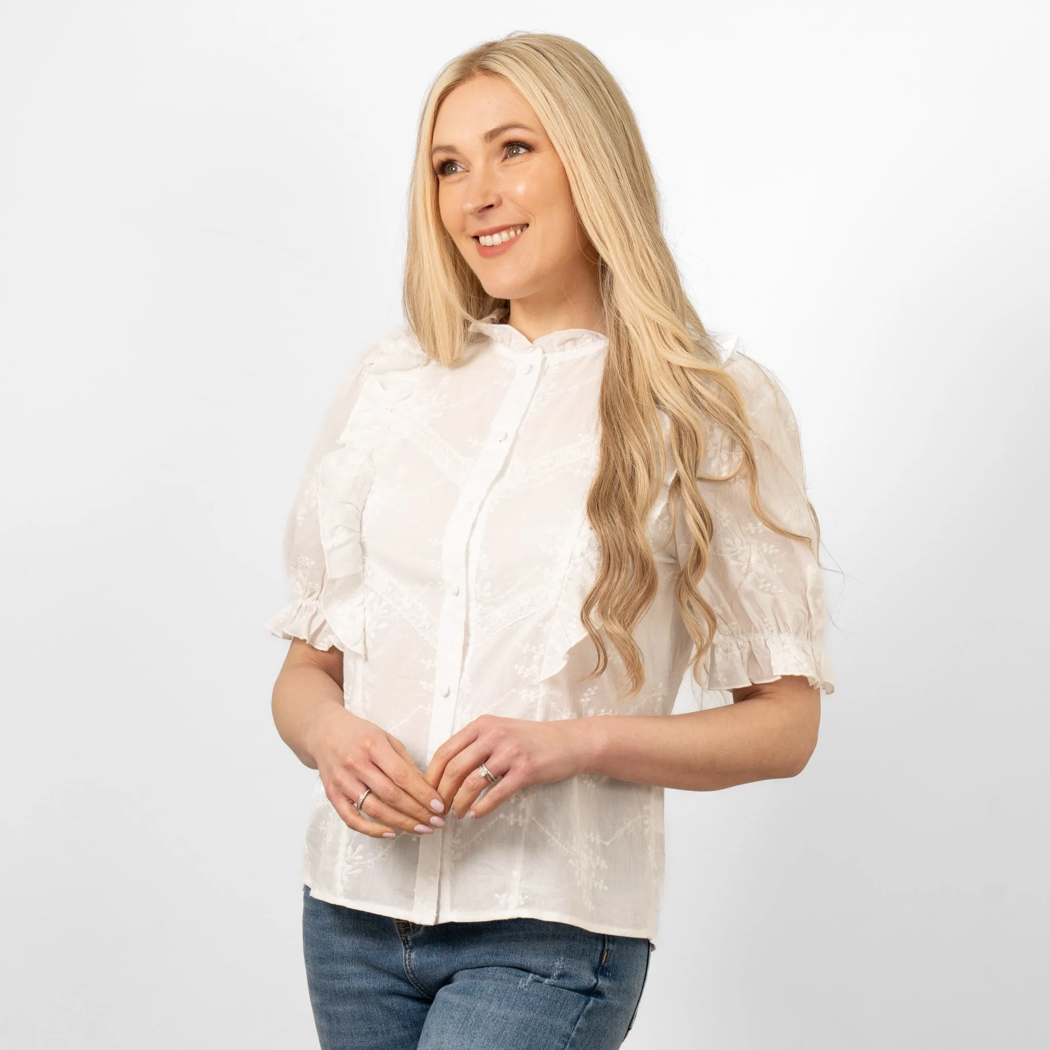 Bronte Cotton Ruffle Shirt - White, Floral Embroidery
