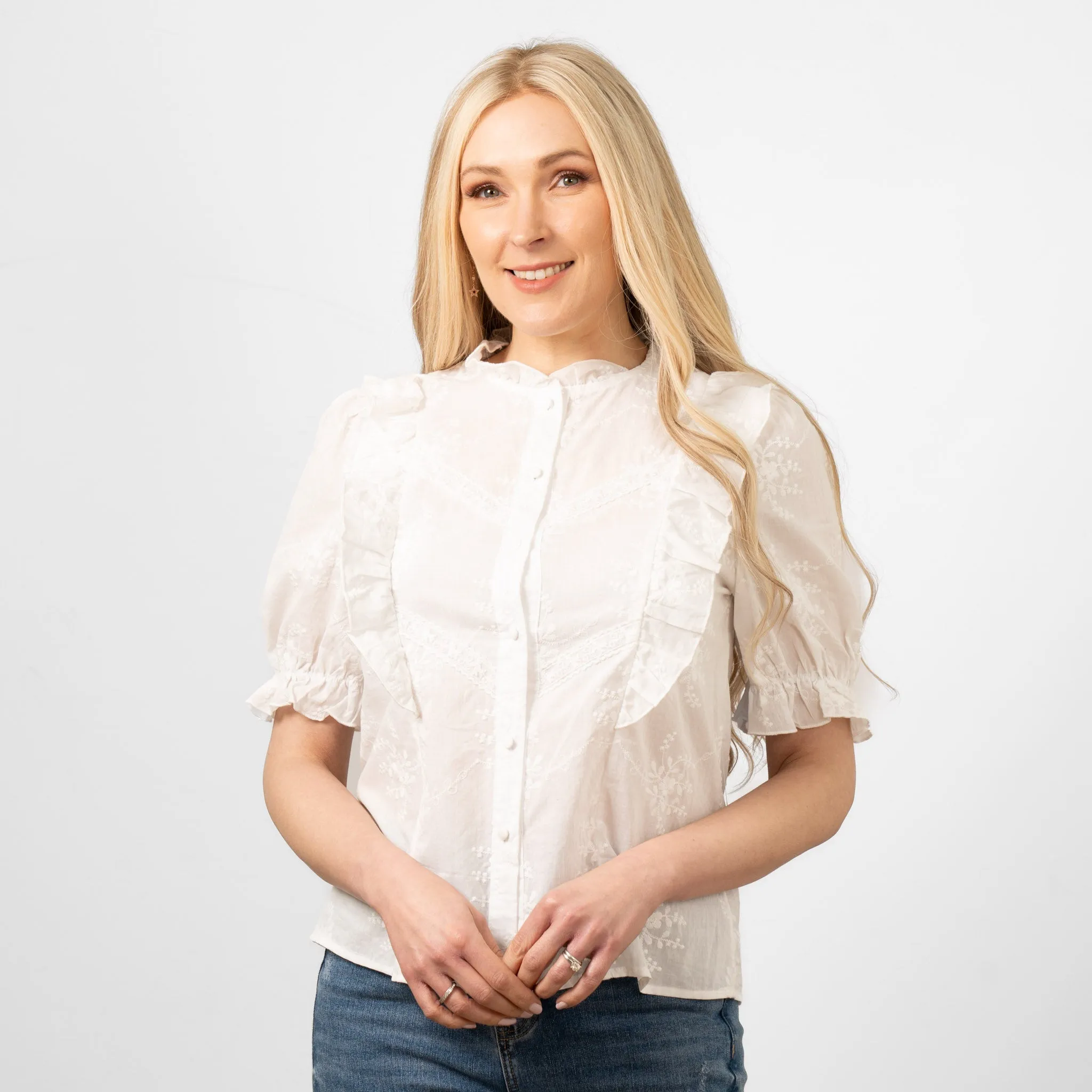 Bronte Cotton Ruffle Shirt - White, Floral Embroidery