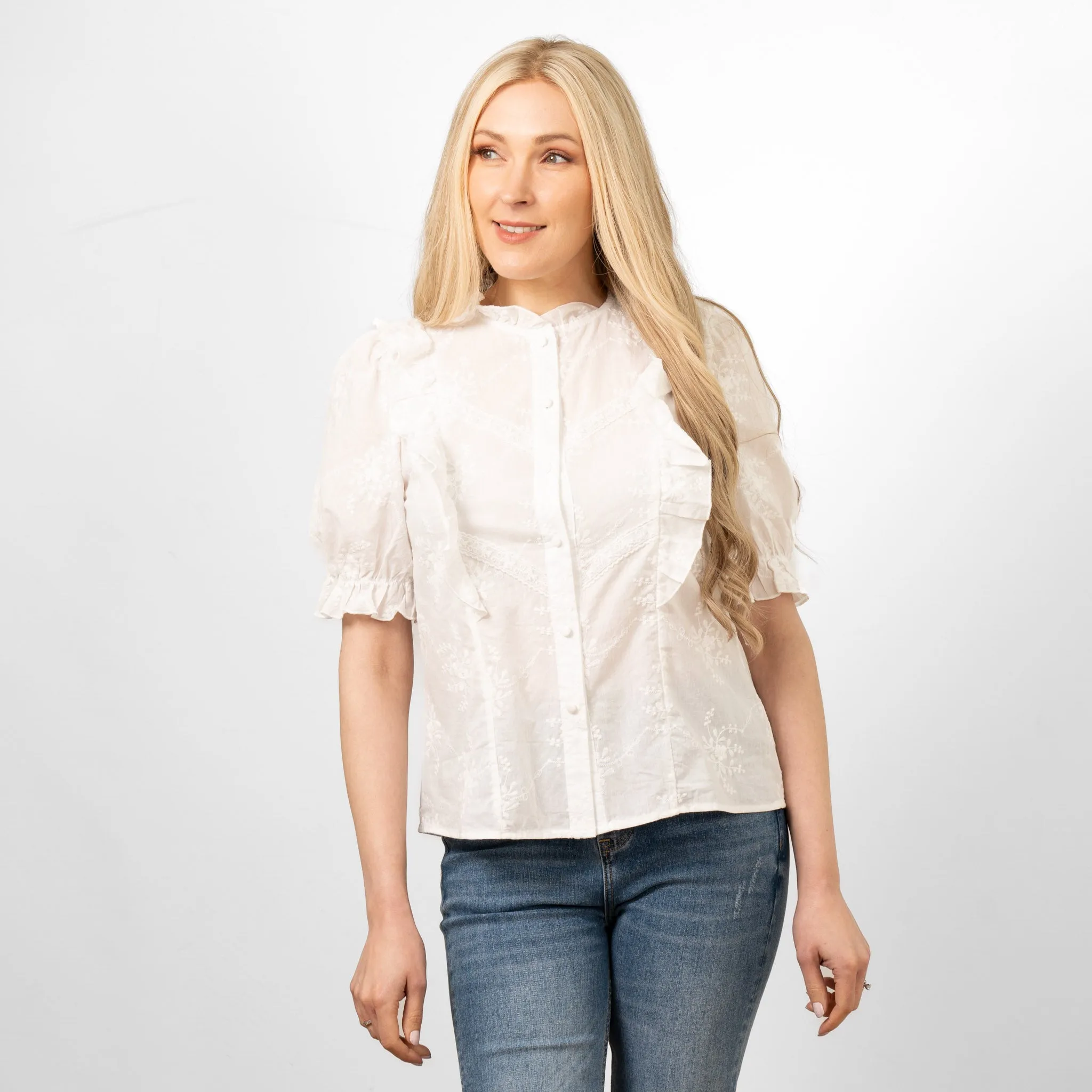 Bronte Cotton Ruffle Shirt - White, Floral Embroidery