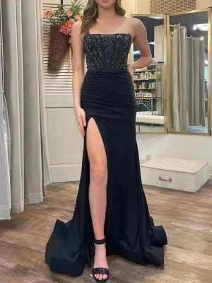 Chime | White Mermaid Strapless Satin Long Prom Dresses With Beading