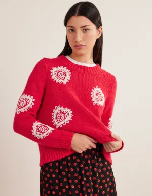 Chunky Embroidered Jumper-Strawberry Tart Red