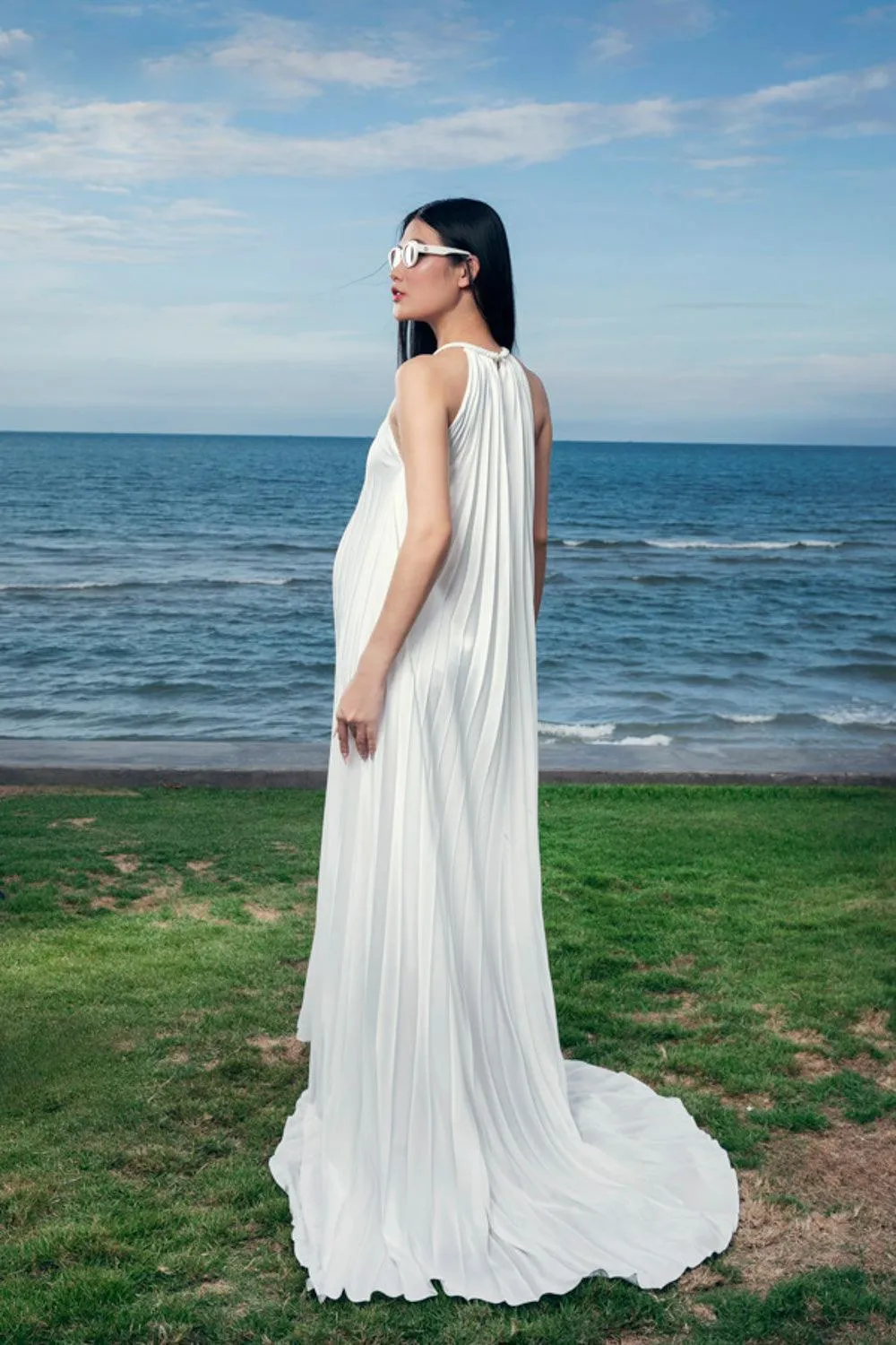 Clara Pleated Halter Neck Silk Satin Floor Length Dress
