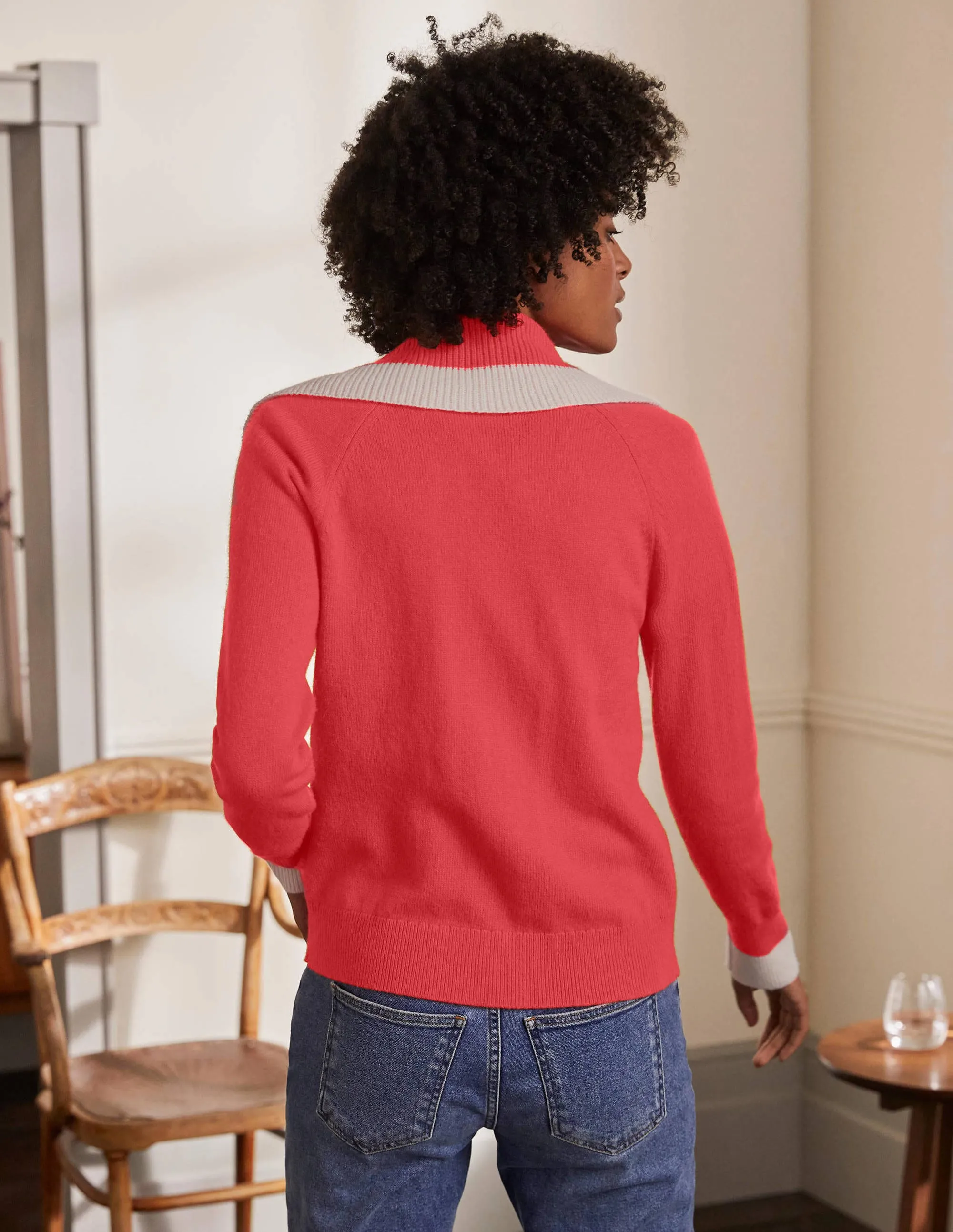 Collared Zip-up Cardigan-Cherry Red