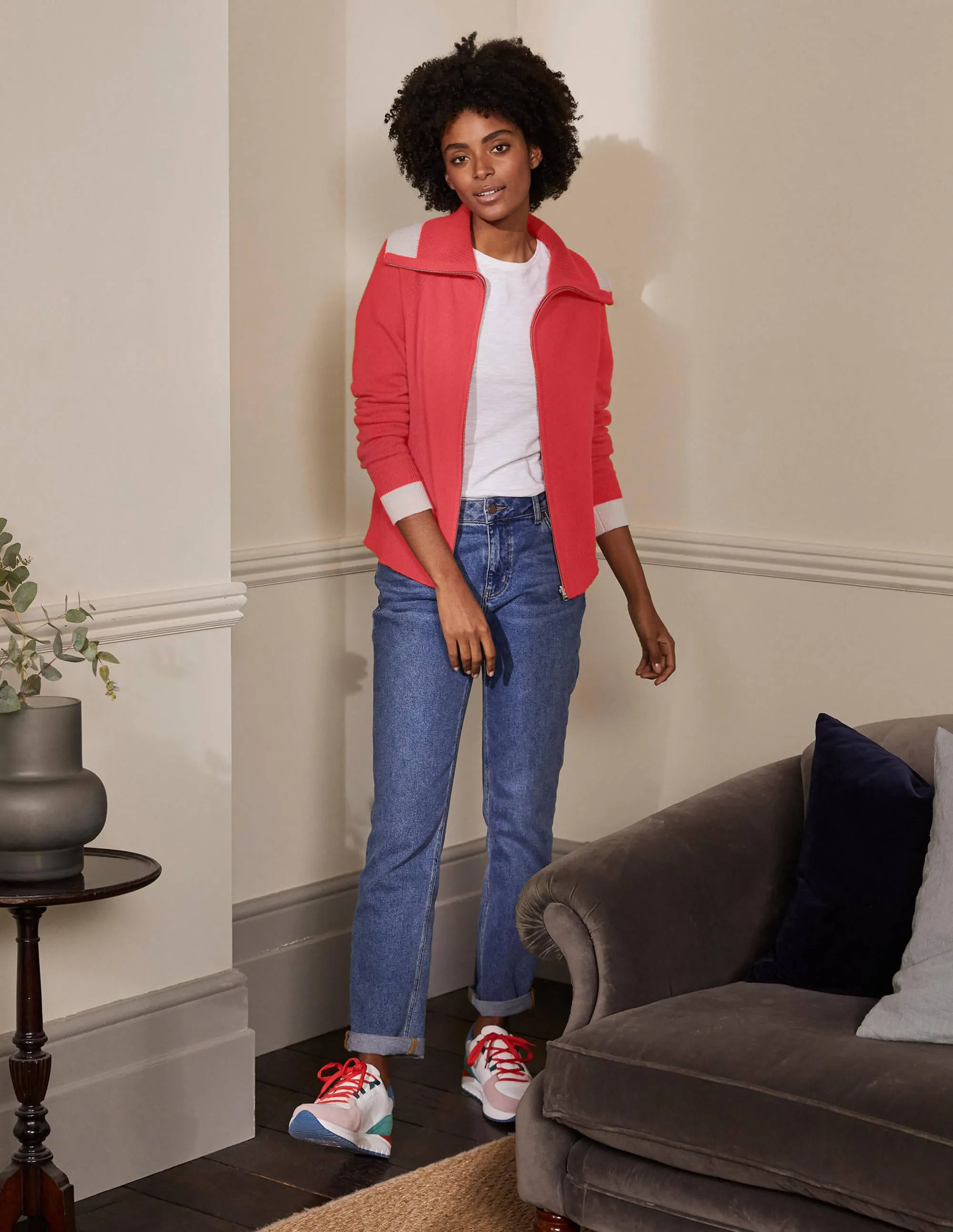 Collared Zip-up Cardigan-Cherry Red
