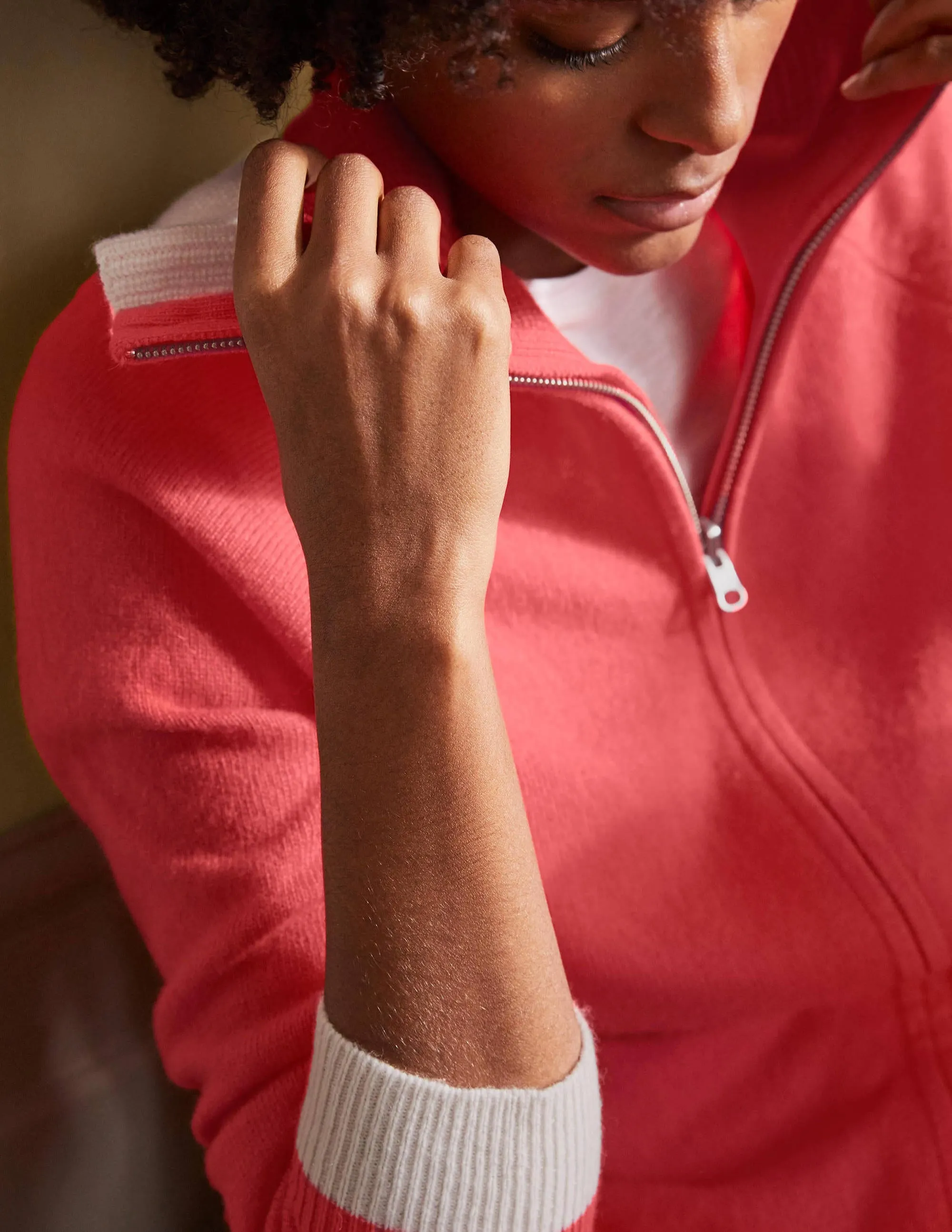 Collared Zip-up Cardigan-Cherry Red
