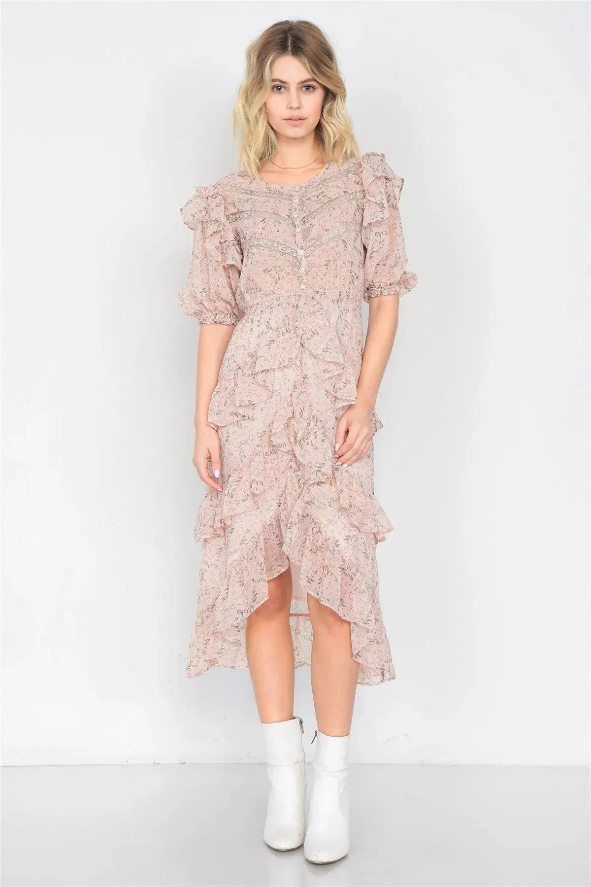 Dusty Rose Watercolor Floral Print Middle Slit Lace Sheer Trim Midi Dress