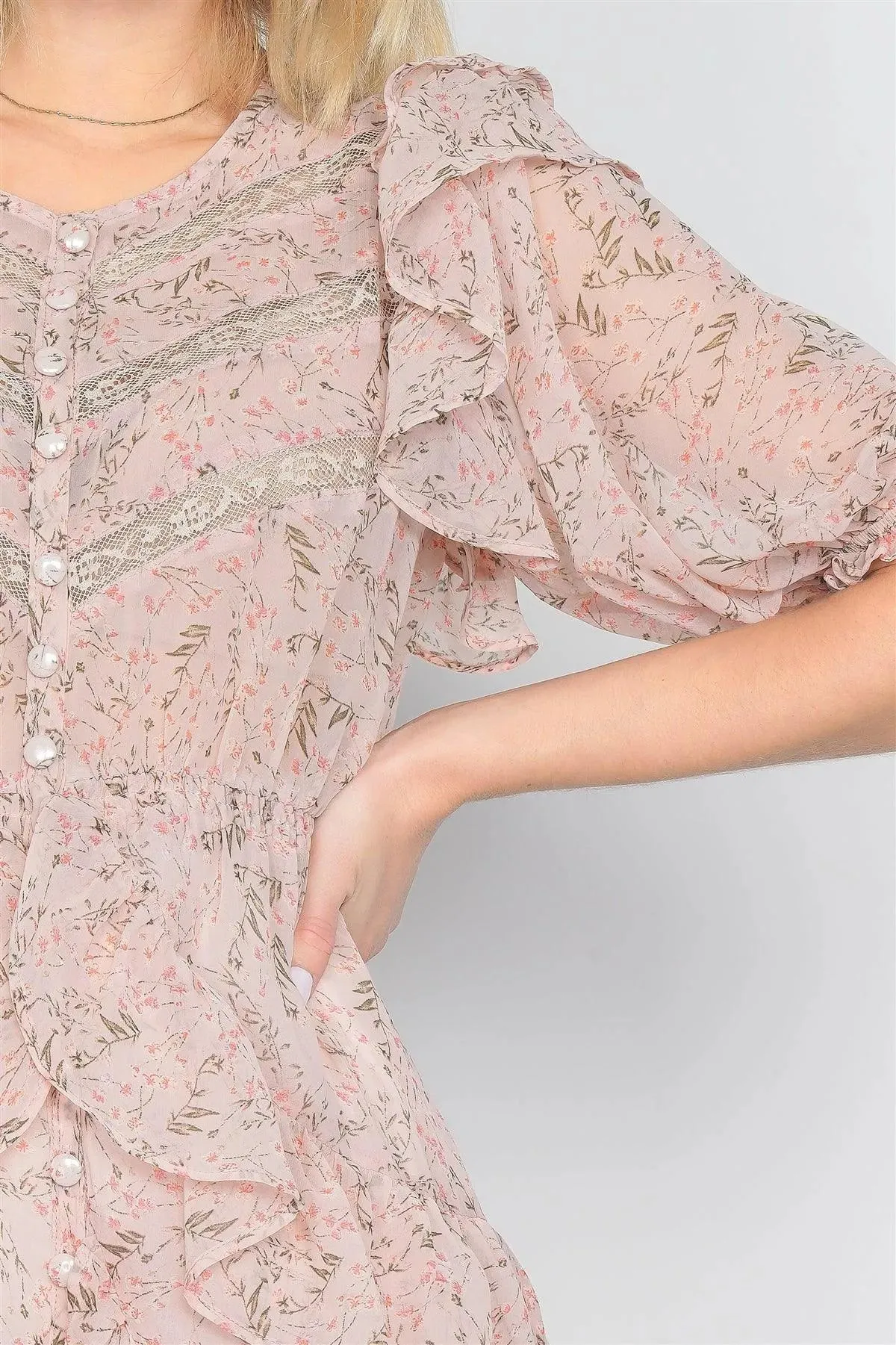 Dusty Rose Watercolor Floral Print Middle Slit Lace Sheer Trim Midi Dress