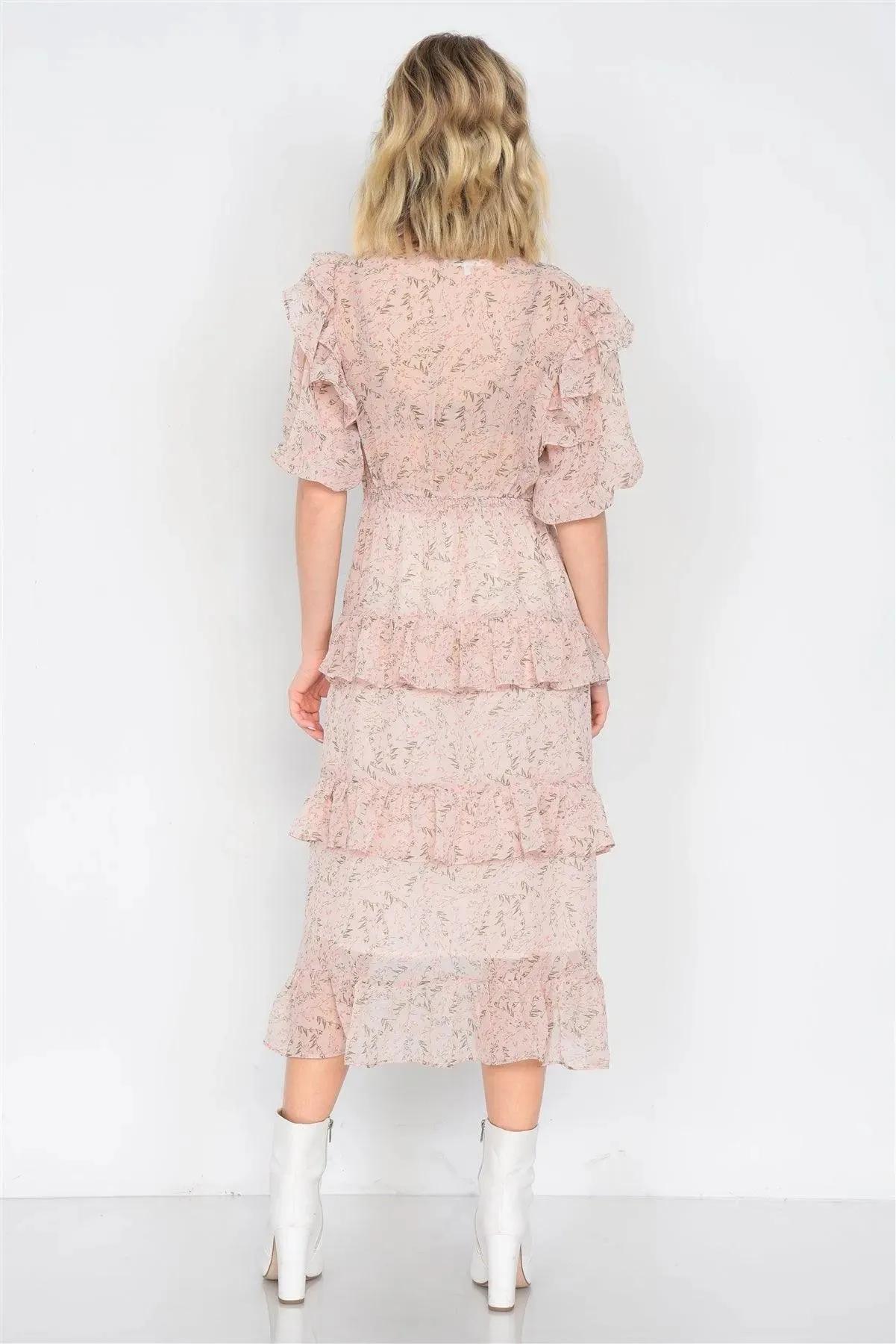 Dusty Rose Watercolor Floral Print Middle Slit Lace Sheer Trim Midi Dress