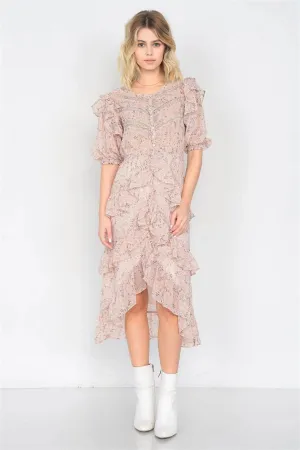 Dusty Rose Watercolor Floral Print Middle Slit Lace Sheer Trim Midi Dress