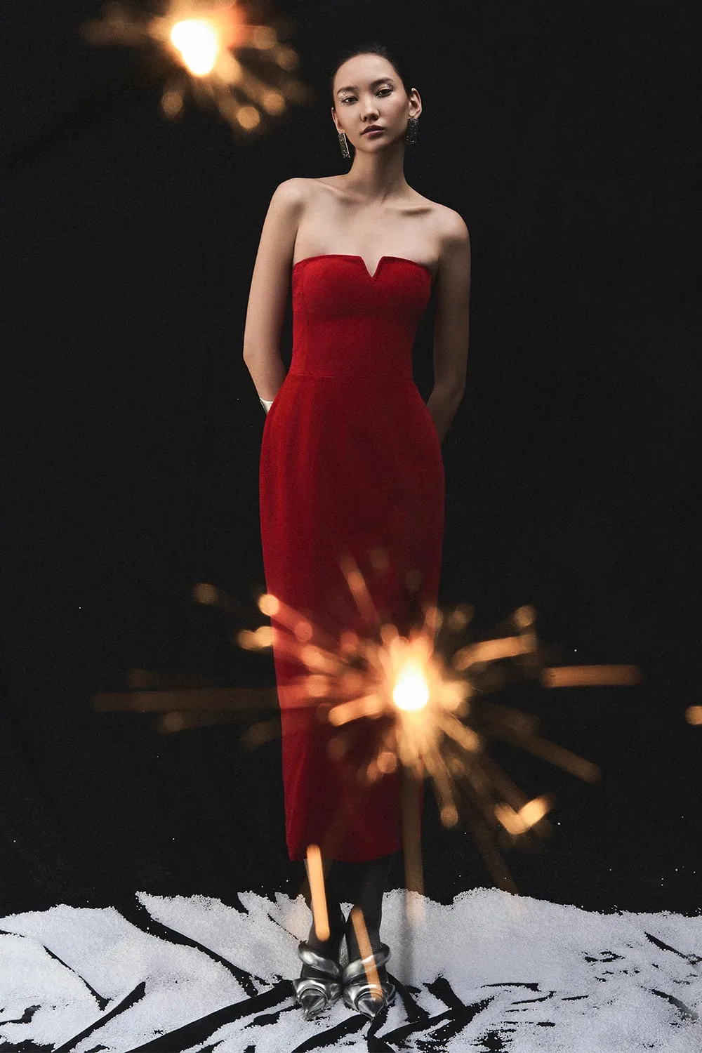 Edana Sheath Open Shoulder Velvet Midi Dress