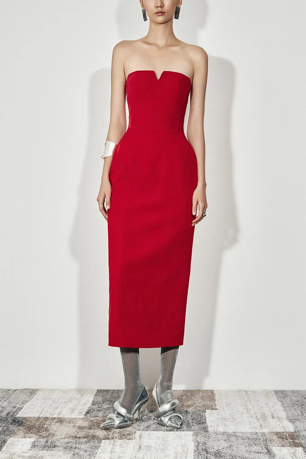 Edana Sheath Open Shoulder Velvet Midi Dress