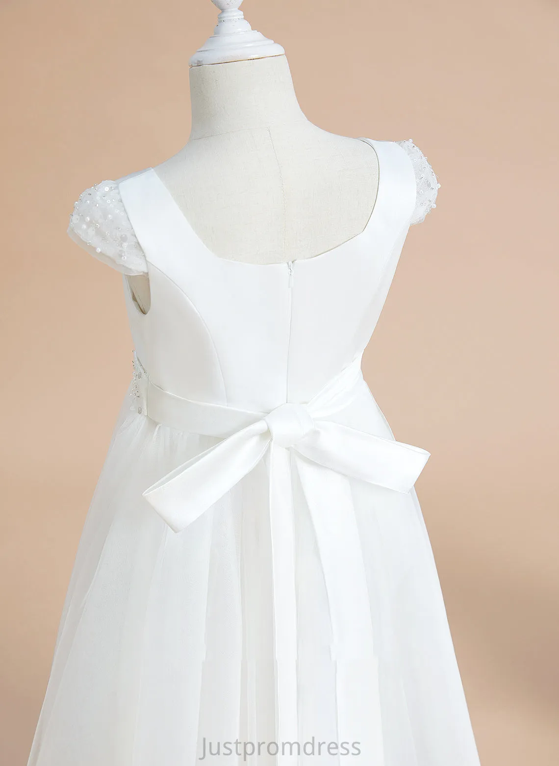 Flower Floor-length Flower Girl Dresses With - Dress Beading/Bow(s) Sal V-neck Girl Satin/Tulle Ball-Gown/Princess Sleeves Short